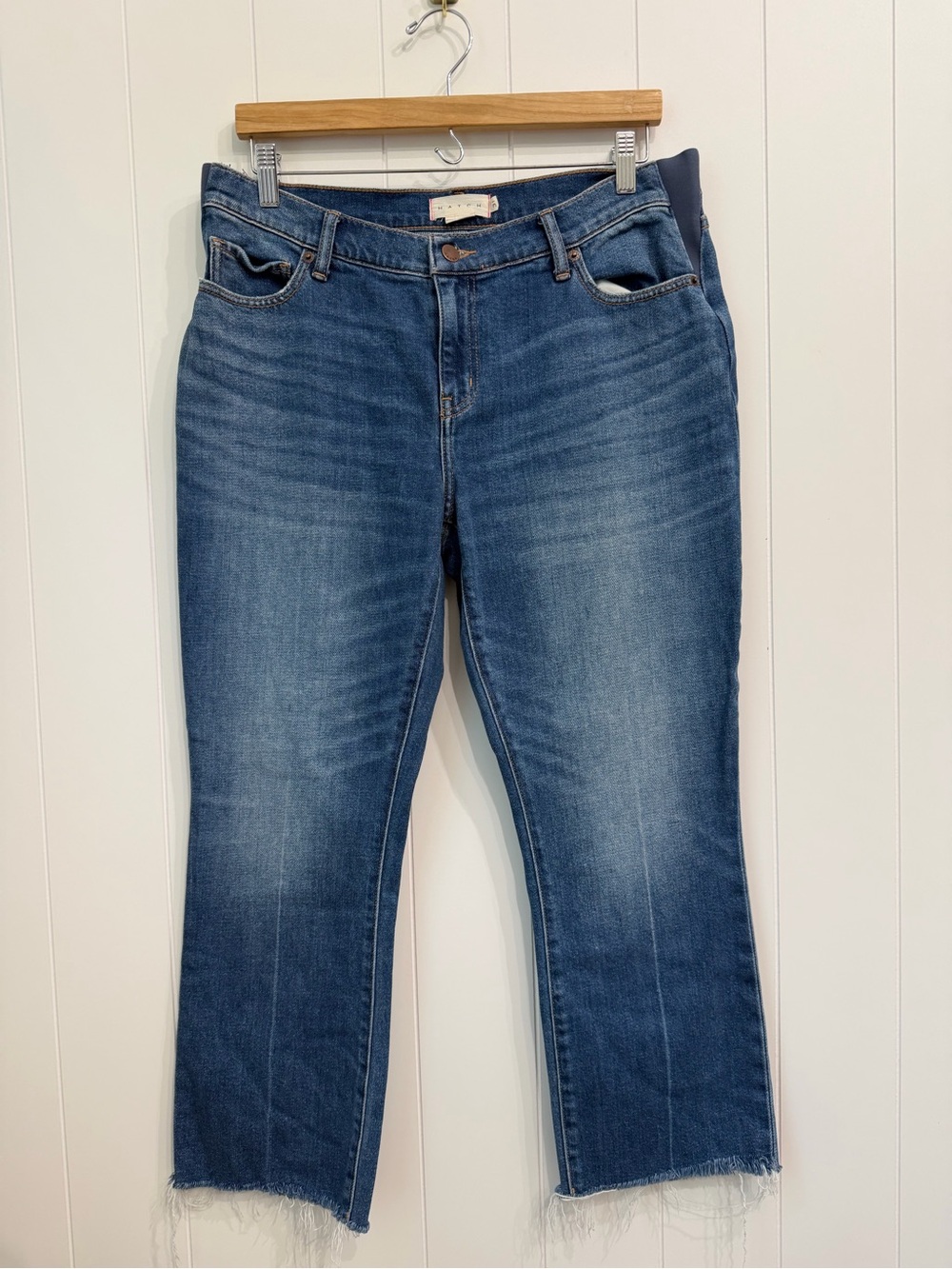 Hatch Maternity Straight Leg Cropped Blue Denim Jeans with Raw Hem Size 31